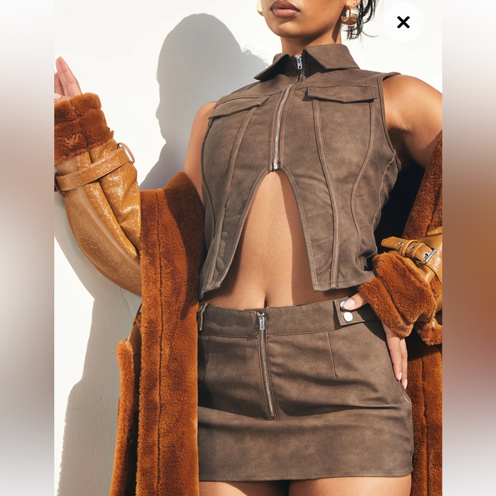 Pretty Little Thing Brown Acid Wash PU Low rise Mini Skirt & Zip Front Top